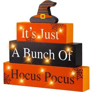 Halloween Wooden Block Sign with Led Lights- Halloween Indoor Decorations Witch